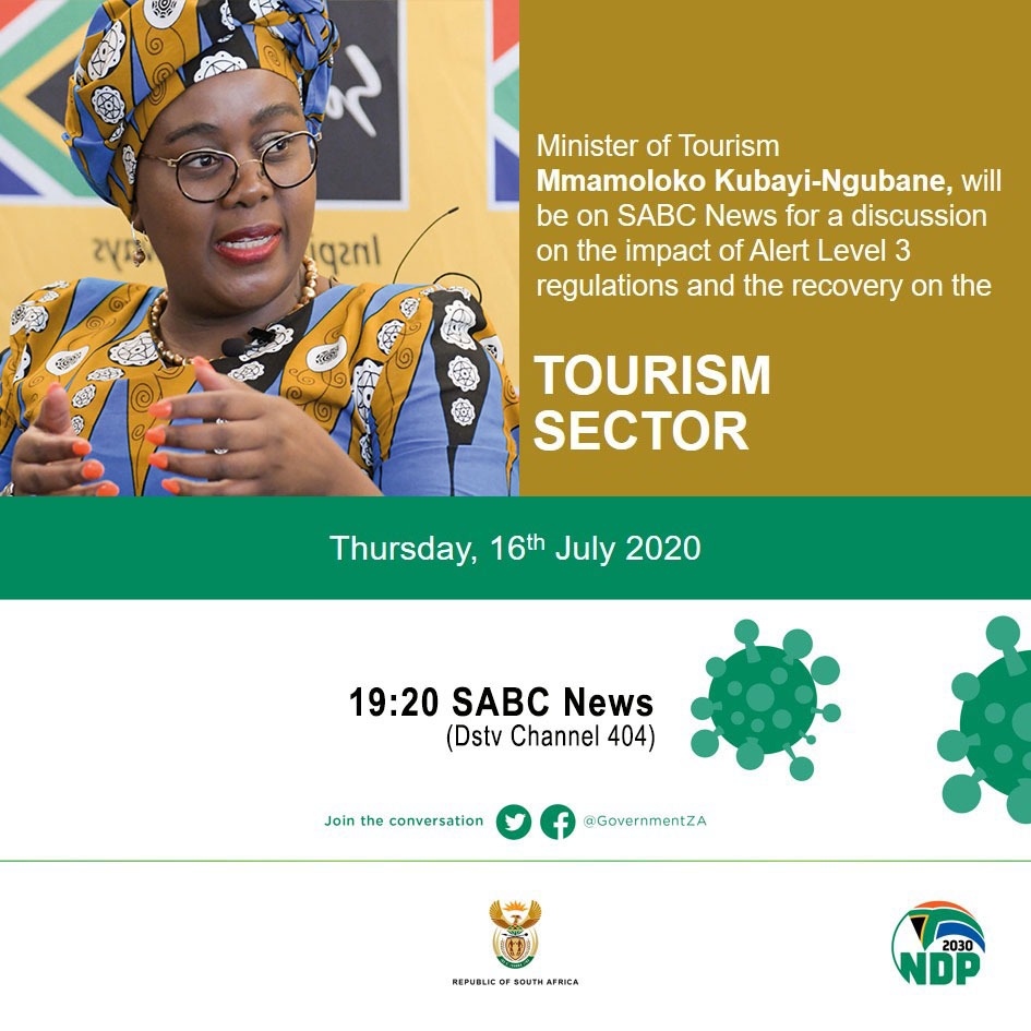 MatomeDikgale's tweet image. [TONIGHT]: @Tourism_gov_za Minister @mmKubayiNgubane, will be on @SABCNews for a discussion on the impact of #AlertLevel3 regulations &amp;amp; the recovery plan on the #TourismSector.

Catch it live at 19:20 | DStv channel 404
#WeDoTourism #TourismStrong #StaySafe #SAWillTravelAgain