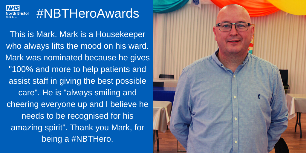 BristolNHSFT's tweet photo. This is Mark. Mark is a Housekeeper. He recently won an NBT Hero Award, after being nominated by a colleague. Read what makes Mark an NBT Hero 👇 

#NBTProud #PeopleOfNBT https://t.co/xVkwKvUAg9