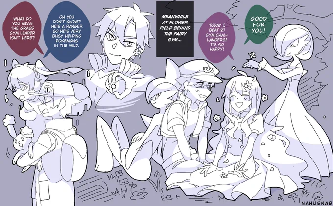 Read Left -> right

Seto's rarely seen on his gym because he's busy helping wild Pokemons and tends to go to Fairy Gym deep in the forest just to check on Mary. Anyone who wants to challenge the Grass Gym leader have to make an appointment first. 