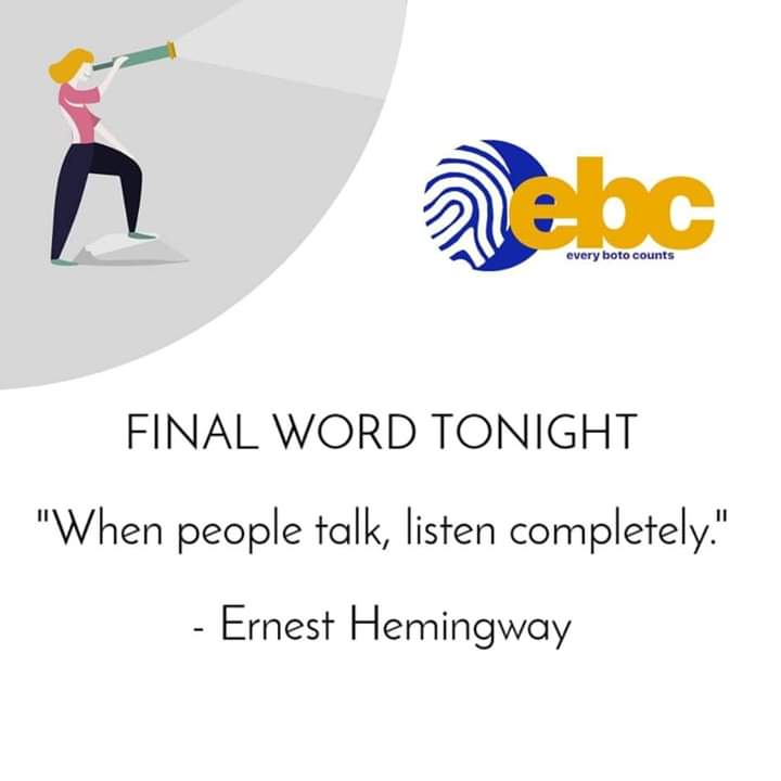 everybotocounts's tweet photo. FINAL WORD TONIGHT 
JULY 16 | THURSDAY

"When people talk, listen completely."

–Ernest Hemingway

Let our voices be heard this coming May 2022!  

MAGANDANG GABI, BAYAN! ❤️💛💙 

#EBC_FWT
#ResponsibleGovernance
#VoxPopuliVoxDei
#BumotoSa22
#IPanaloPinas22
#MagandangPinas https://t.co/DLj7SwI8ND