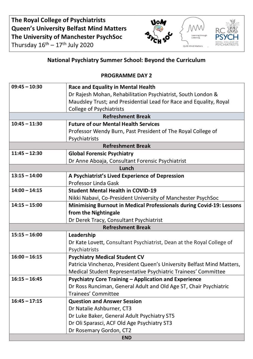 Mind Matters (@qubmindmatters) on Twitter photo Thank you to everyone who joined us today! See you tomorrow for Day 2 starting at 09:45! #ChoosePsychiatry
<a href="/raj_psyc/">🌈 Rajesh Mohan</a> <a href="/wendyburn/">Wendy Burn CBE (She/her)</a> @AboajaAnne <a href="/suzypuss/">Prof Linda Gask</a> <a href="/Derektracy1/">Derek Tracy</a> <a href="/nikkixnabavi/">dr nikki nabavi she/her</a> <a href="/TrishVini/">Trisha Vinchenzo</a> <a href="/RuncimanRoss/">Ross Runciman</a> @DrKateLovett <a href="/nashburner/">Dr Natalie Ashburner</a> <a href="/drlukebakeruk/">Luke Baker</a> <a href="/Rosie_j_g/">Rosemary Gordon</a> @oliclimbshigher Thank you to everyone who joined us today! See you tomorrow for Day 2 starting at 09:45! #ChoosePsychiatry
<a href="/raj_psyc/">🌈 Rajesh Mohan</a> <a href="/wendyburn/">Wendy Burn CBE (She/her)</a> @AboajaAnne <a href="/suzypuss/">Prof Linda Gask</a> <a href="/Derektracy1/">Derek Tracy</a> <a href="/nikkixnabavi/">dr nikki nabavi she/her</a> <a href="/TrishVini/">Trisha Vinchenzo</a> <a href="/RuncimanRoss/">Ross Runciman</a> @DrKateLovett <a href="/nashburner/">Dr Natalie Ashburner</a> <a href="/drlukebakeruk/">Luke Baker</a> <a href="/Rosie_j_g/">Rosemary Gordon</a> @oliclimbshigher