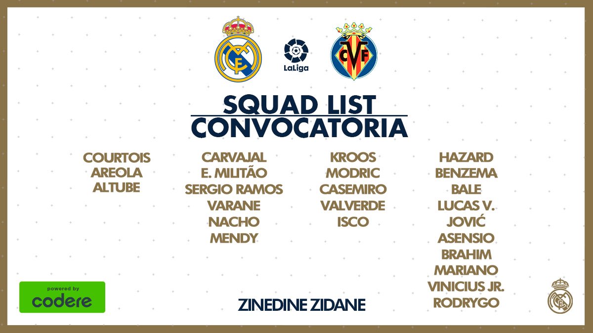 MadridBauBau_'s tweet photo. Berikut 24 Pemain yg di panggil Zinedine Zidane pada jornada 37 LaLiga melawan Villarreal.
.
@realmadrid
@VillarrealCF 
@LaLiga 
@Madrid_Indo 

¡Hasta el Final, Vamos Real!
.
#HalaMadrid #Laliga #vamosmadrid #RMLiga #save3point #prmibaubau https://t.co/kYHWFUBca6