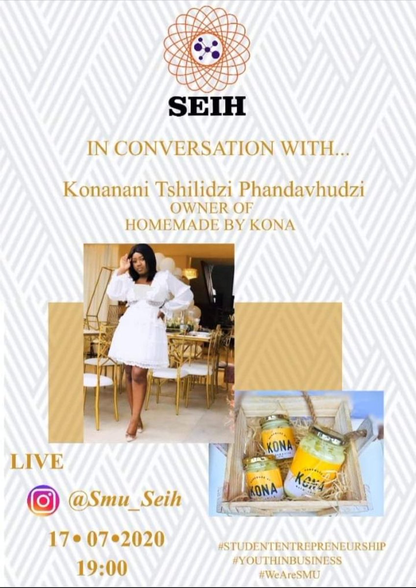 SEIH_SMU's tweet photo. Tomorrow evening we will be joining by Konanani Tshilidzi Phandavhudzi 
A young female entrepreneur,who turned lockdown into a new business venture.

Tune in tomorrow evening to hear all about it.

Date:17 July 2020
Time:19:00pm
Venue: Instagram live @smu_seih 
@SMU_SA https://t.co/ANKETEpaLn