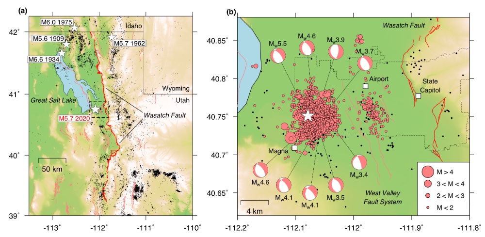 At the surface it dips steeply to the west at ~70º, but as the depth increases the dip becomes progressively more shallow in our model. (Figure: Moment tensors for the mainshock and 8 large aftershocks were determined from inversion of regional distance waveforms.) (3/3)