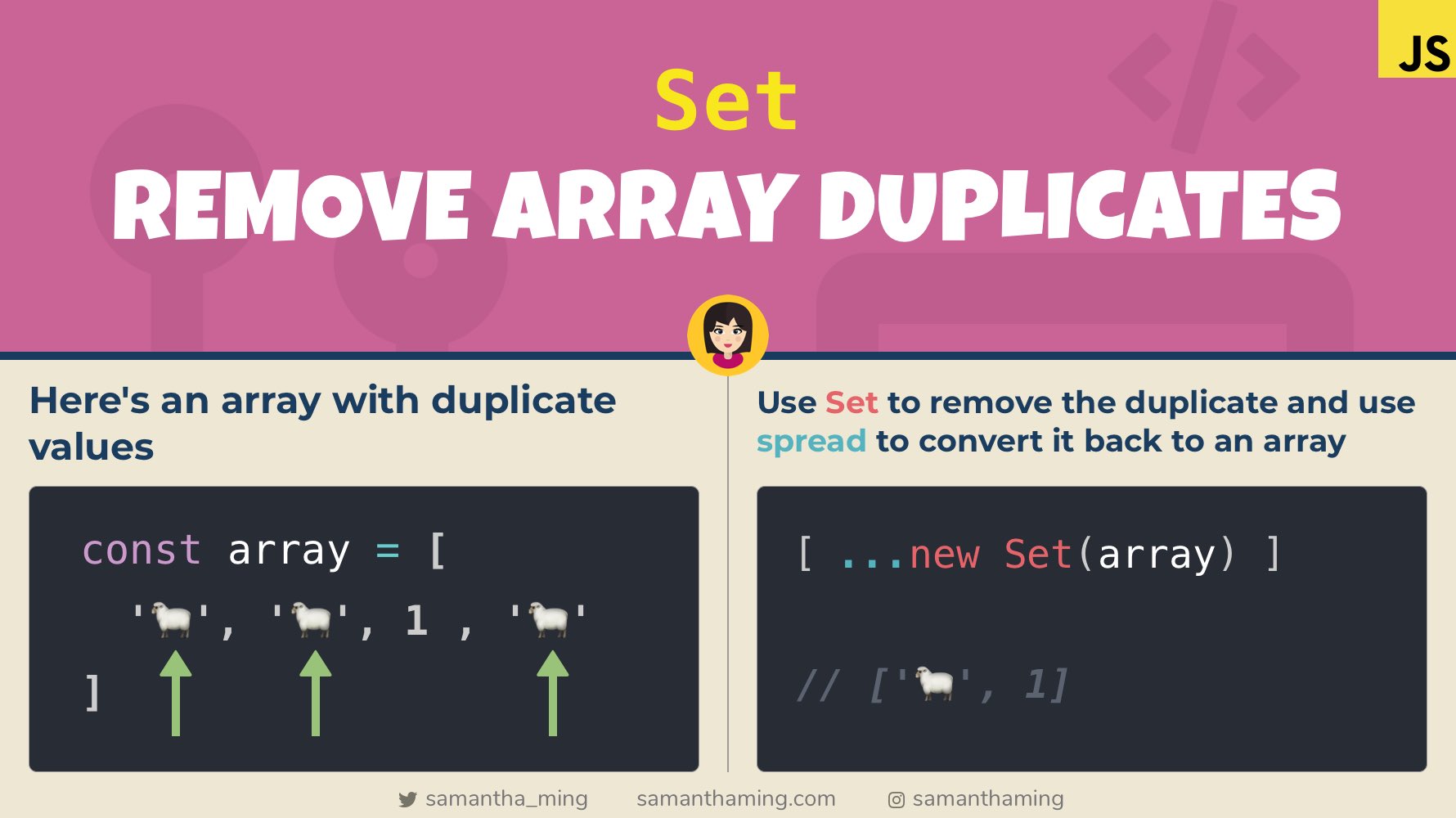 Samantha Ming on Twitter: "To remove array duplicates in #javascript, you  can convert your array to a Set object. This will remove the duplicates.  And then using spread, you can convert the