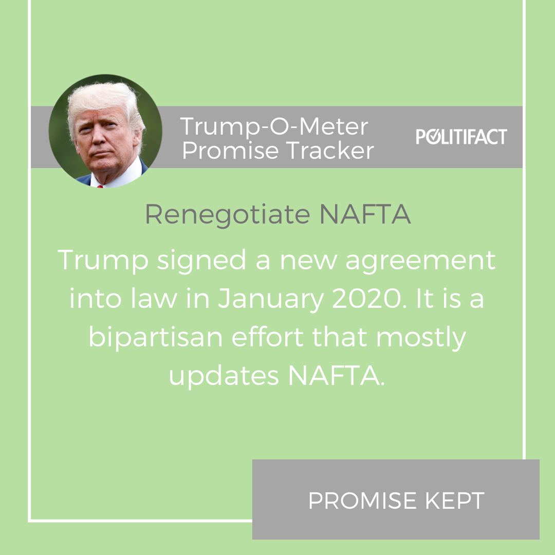 The Trump administration won approval for a renegotiated NAFTA, as Trump promised.  https://bit.ly/3gy6m5r 