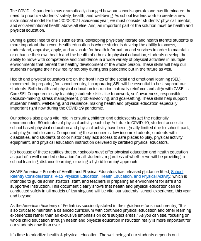 Health &amp; PE instruction naturally reinforce &amp; align with <a href="/caselorg/">CASEL</a> Core SEL Competencies by teaching students skills like teamwork, self-awareness, responsible decision-making, stress management, problem-solving &amp; goal-setting #SHAPEadvocacy

Full letter👇
bit.ly/3971QZ1