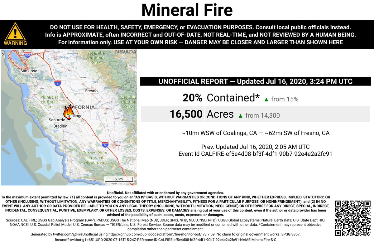 CaliFireBot's tweet photo. #MineralFire 🔥 unofficial, automated update.
~10mi WSW of Coalinga, CA. ⚠️ DO NOT USE FOR SAFETY PURPOSES - See officials instead. May be incorrect; disclaimers in images.
https://t.co/QQwytM530y https://t.co/EvoTzipWya