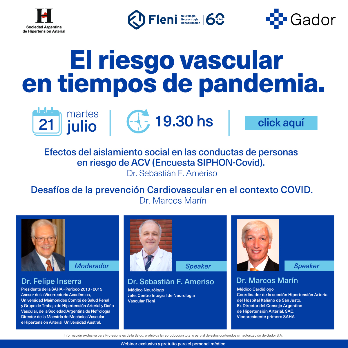 FleniOficial's tweet photo. El martes 21 de julio a las 19:30 hs se llevará a cabo el Webinar "El riesgo vascular en tiempos de pandemia". El Dr. Sebastián Ameriso, jefe del Centro Integral de Neurología Vascular de Fleni, participará como speaker.

Link para acceder al Webinar:
https://t.co/60LohD4l2G https://t.co/egTF3pZ3Jr