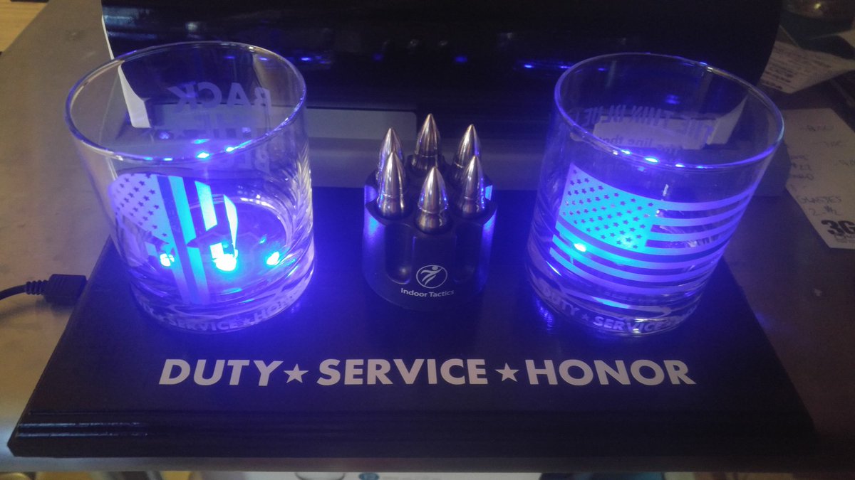 TazDrums's tweet photo. $100 INCLUDES SHIPPING - Punnisher logo on the front, the back says "Back The Blue". The other glass has the flag and the definition of what the Thin Blue Line is. A set of bullet whiskey stones to keep your drinks cold and lit up the base with LEDs. VENMO: wnycustomglass https://t.co/hry6b40sTZ
