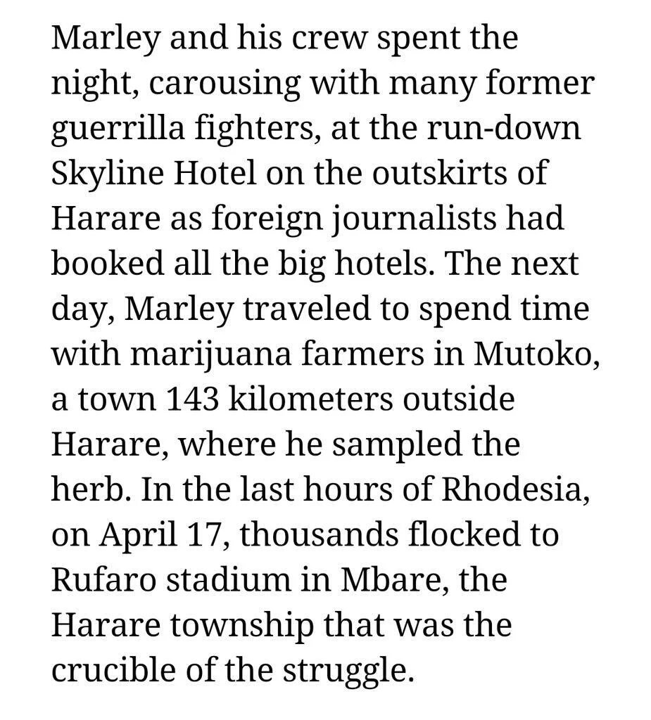 OnlyAfricaFacts's tweet photo. When Bob Marley came to Harare, Zimbabwe (1980) for the independence concert, he first took a 143-km trip to Mutoko just to chill with marijuana farmers and taste the Motherland's herb. https://t.co/m6G4LVvNip