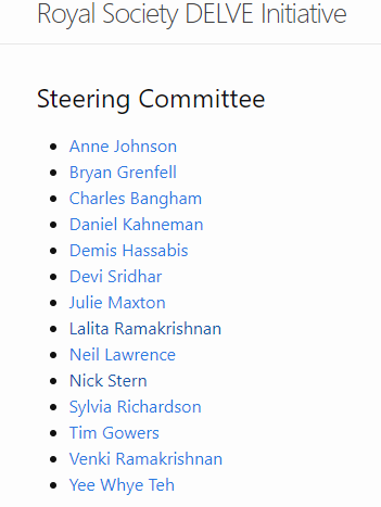 Look at the steering committee of The Royal's Society's DELVE initiative. Brother Venki Ramakrishnan and sister... Also, what's Nick Stern doing on it? He's an economist.