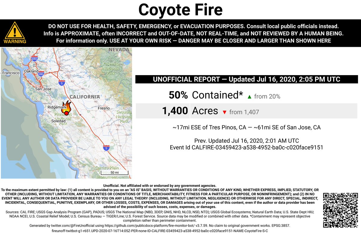 CaliFireBot's tweet photo. #CoyoteFire 🔥 unofficial, automated update.
~17mi ESE of Tres Pinos, CA. ⚠️ DO NOT USE FOR SAFETY PURPOSES - See officials instead. May be incorrect; disclaimers in images.
https://t.co/W5sUdBGzGc https://t.co/LOwCL0vG8W