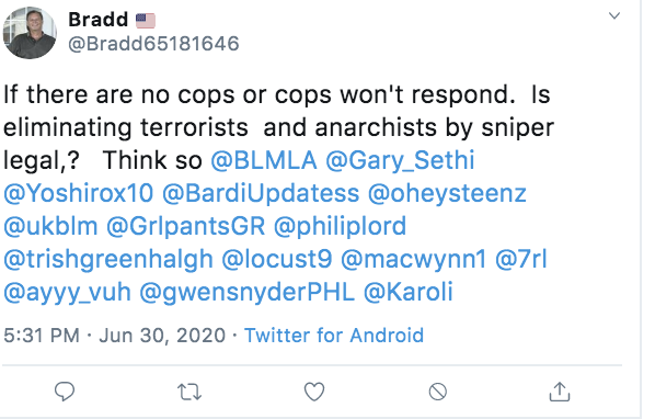 Not only radical white supremacist nazis but also just plain run-of-the-mill MAGA racists are increasingly viewing Barr's Antifa terror designation as a legalization of not only unconstitutional police terrorism, but of vigilante violence "eliminating" protesters.