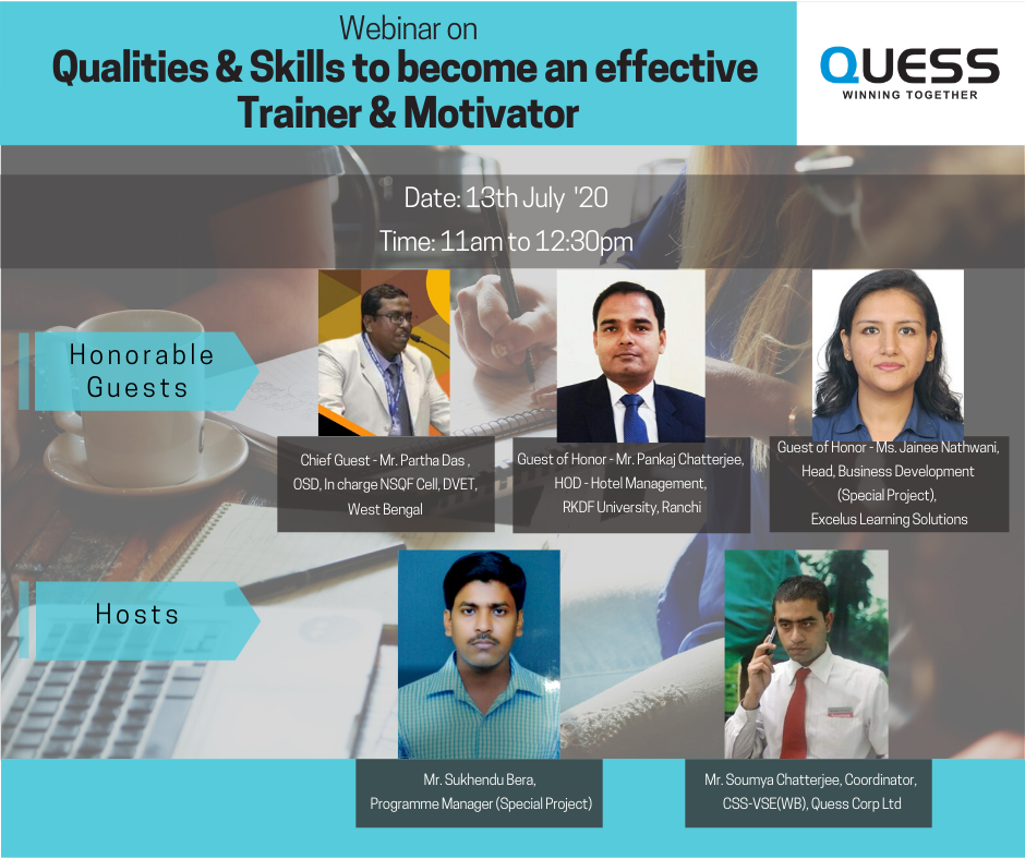ExcelusLearning's tweet photo. Webinar in the honorable presence of Mr. Partha Das , OSD, In charge NSQF Cell,DVET, West Bengal, Mr. Pankaj Chatterjee, HOD - Hotel Management, RKDF University, Ranchi and Ms. Jainee Nathwani, Head,Business Development (Special Project), Excelus Learning Solutions
@QuessConnect https://t.co/Gm871MhrKw