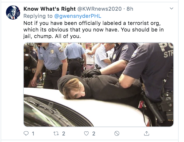 Here's another person saying that the video I shared earlier of militarized federal agents kidnapping someone with no Antifa markings on them into an unmarked van in the middle of the night was fine because of Barr's terror designation.