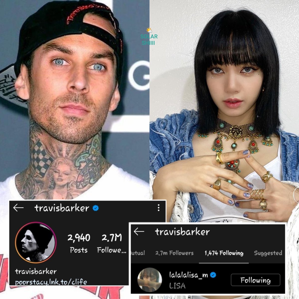 SOLARSHIIII's tweet photo. Travis Barker ได้ติดตาม `Instagram`  #LISA 
#BLACKPINK 

เป็นนักดนตรีชาวอเมริกันนักแต่งเพลง, record producer รู้จักกันดีในฐานะมือกลองของวงร็อค Blink-182 (เป็น 1 ใน 100 มือกลองที่ยิ่งใหญ่ที่สุดตลอดกาล) https://t.co/2I0Cci1t8T