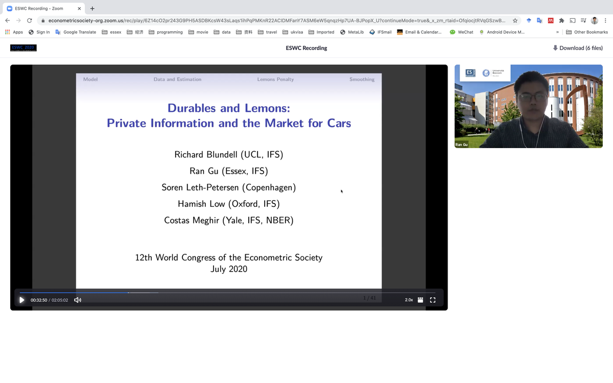 Just recorded our paper 'Durables and Lemons: Private Information and the Market for Cars' with @R_Blundell_UCL @CostasMeghir @hamishlow_econ @leth_soren for the Econometric Society World Congress. Thanks @luigiiov for organizing the session.