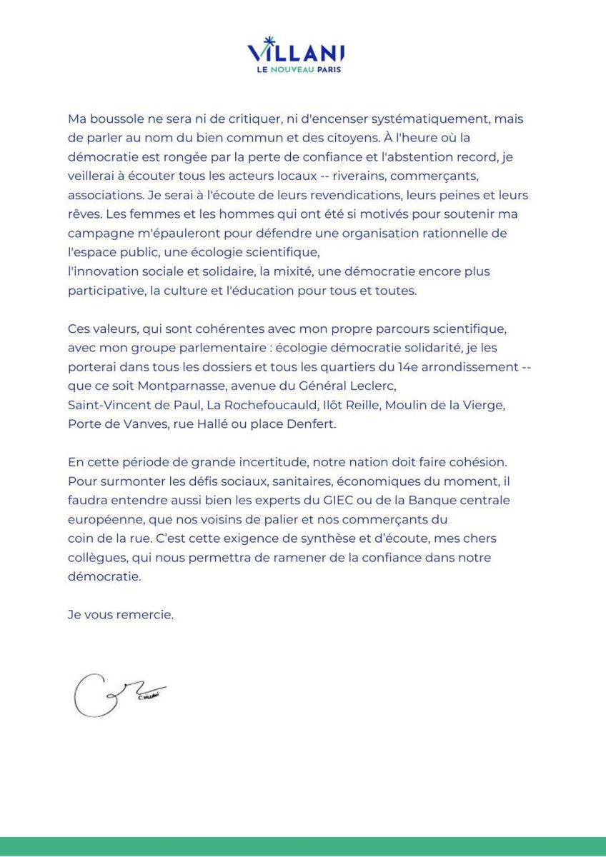 Être élu dans le 14e arrondissement, c'est un honneur et une responsabilité. Ma boussole ne sera ni de critiquer, ni d'encenser systématiquement, mais de parler au nom du bien commun et des citoyens.