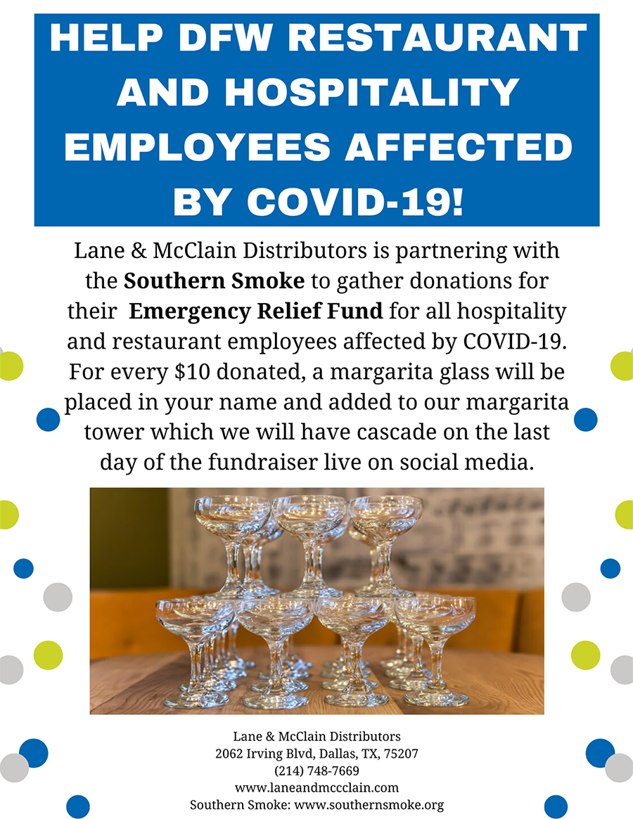 LaneAndMcClain's tweet photo. Remember, we at Lane &amp; McClain Distributors are doing a fundraiser for Southern Smoke’s Emergency Relief Fund to help out all DFW Restaurant Employees. Please donate on Facebook or here: https://t.co/k0aX6p6a6T https://t.co/oL1ssEjEBF