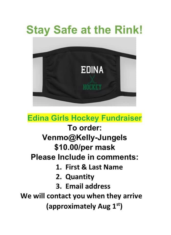 STAY SAFE and do it in style by getting your own Edina Hockey mask!! All information listed on the picture below 🐝