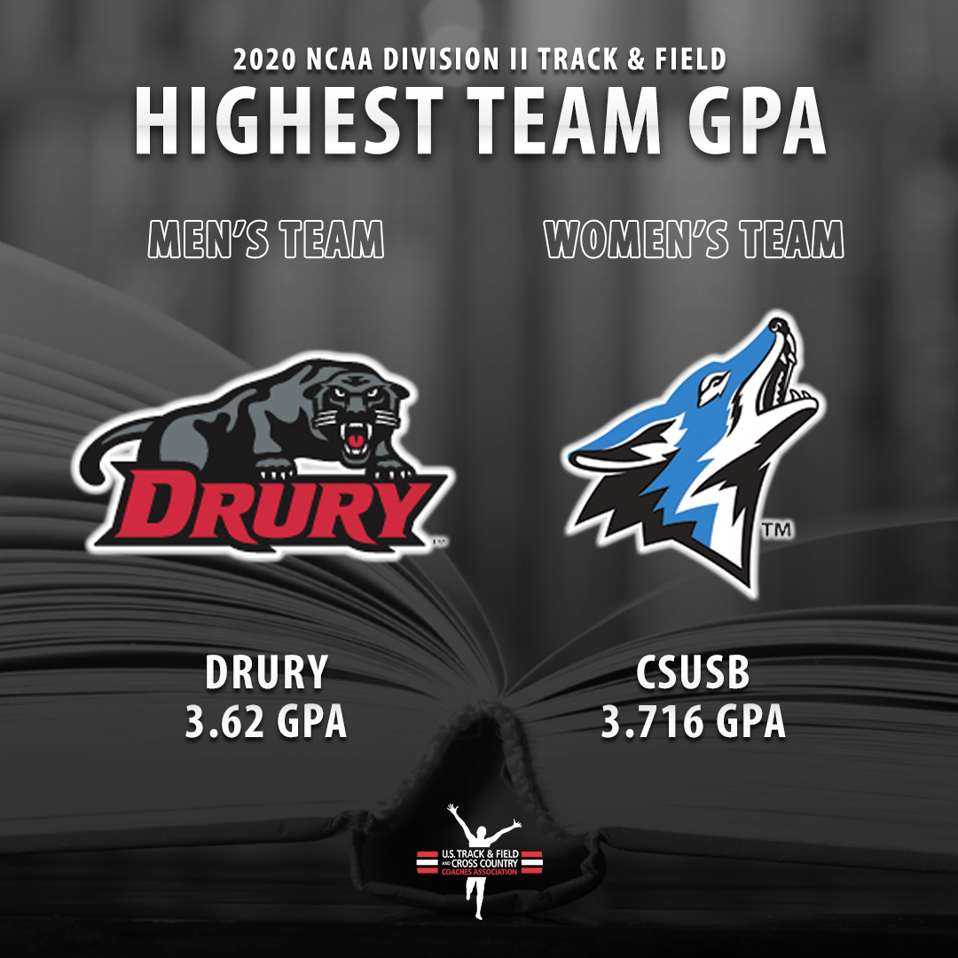 USTFCCCA's tweet photo. We honored 2⃣6⃣3⃣ teams in @NCAADII track &amp; field for their academic excellence!

Here are the 2⃣ teams w/ the highest cumulative team GPA!

Men - @drurypanthers 
Women - @csusbathletics 

👇 LEARN MORE 👇

📄 https://t.co/Vx0Yn4J7jg https://t.co/rxyfpqIjxY