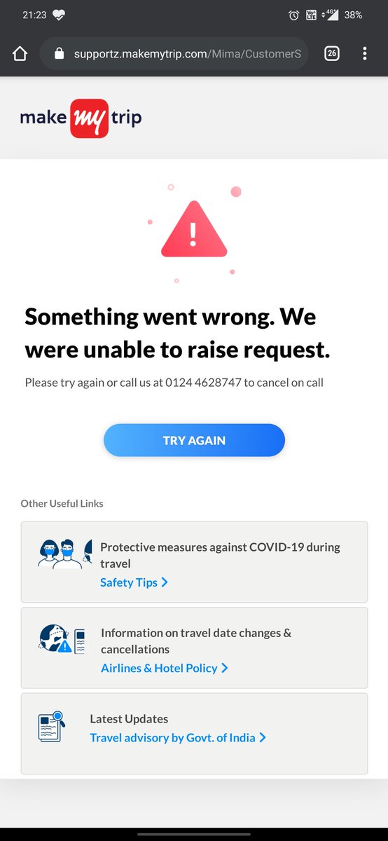 shreyansparikh's tweet photo. @makemytrip MMT call center is not accepting calls and the online form is showing something went wrong for last 7 days https://t.co/WDlrnFRBxx