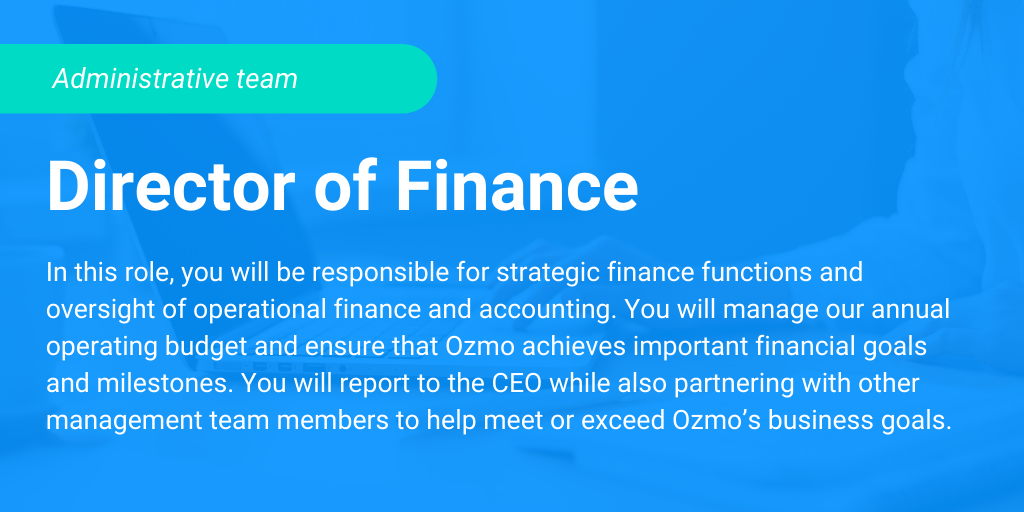 OzmoApp's tweet photo. Ozmo is currently seeking an experienced, knowledgeable professional to join the team as our Director of Finance. To learn more about this position and many others, visit https://t.co/iwlw0appht. https://t.co/P4hCYfJPH7