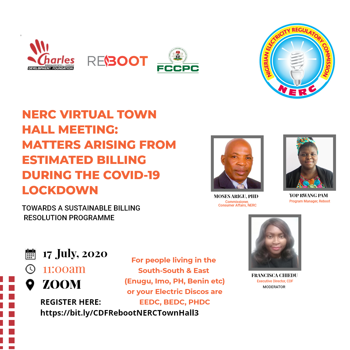 Citizen_Connect's tweet photo. Are you in Enugu, Port-Harcourt, Imo, Benin? Do you have complaints about Electricity Billing? Are you charged too high? Do you have pending complaints that have not been addressed by your local discos? 

Join us tomorrow in a conversation with @NERCNG 
https://t.co/AXKdbVAk6E https://t.co/1evOSbG9XT