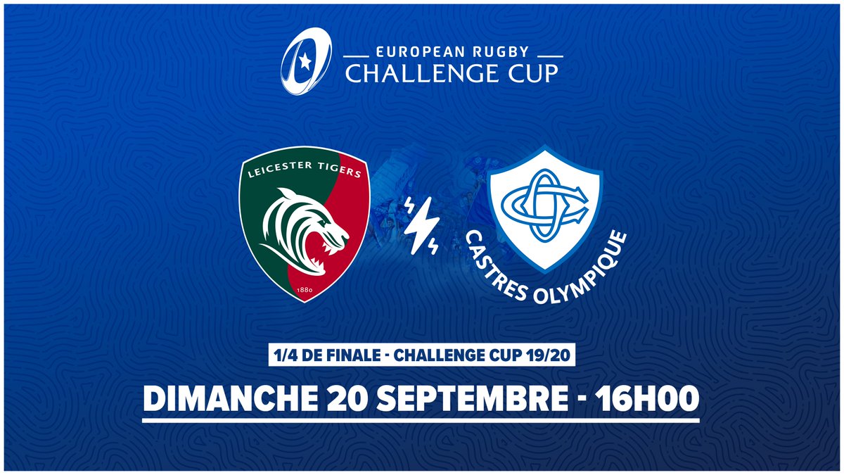 CastresRugby's tweet photo. 📆🏆 C'est officiel ! Le Castres Olympique jouera son 1/4 de finale de Challenge Cup à @LeicesterTigers le dimanche 20 septembre prochain à 16h00 (heure française) ! 

#LEIvCAS @ChallengeCup_FR https://t.co/0hgBrL2NJQ