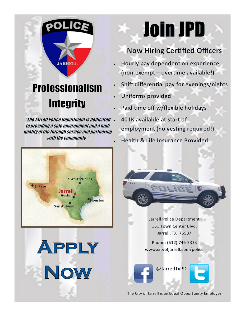 JarrellTxPD's tweet photo. Just a reminder - JPD is Hiring! Come join a growing department in one of the fastest growing cities! Great benefits! Great community! https://t.co/1cwKnS6GJu https://t.co/gYstpLMA6M