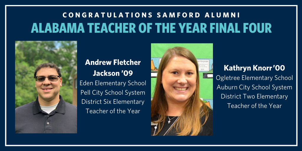 SamfordEd's tweet photo. Congratulations to two of our alumni who have made it to the final four for this year's Alabama Teacher of the Year!
#alteacheroftheyear #educationmatters #samforded https://t.co/oEugvEjr9K