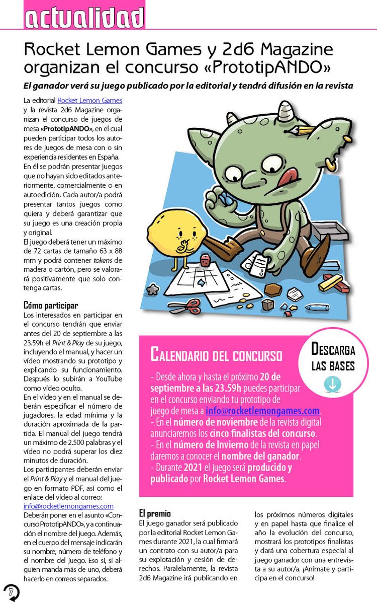 2d6Magazine's tweet photo. ¿Has creado un juego de mesa que te gustaría ver publicado? Ahora tienes la oportunidad participando en el concurso #PrototipANDO, que organizamos junto a @rocketlemon Tienes todos los detalles en el último número de la revista aquí: https://t.co/wSrPhp7DzE ¡Anímate y participa! https://t.co/HECnZPNvxd