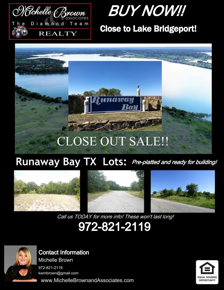 DiamondTeamRlty's tweet photo. Lots are still available out in #RUNAWAYBAY #TX call us TODAY!! Investor's dream! Pre-platted and ready to go! GREAT DEAL!🤩
Starting at 8k!!
817-416-4663
*Perfect for country living or maybe put a tiny home or manufactured home on your lot! Buy more than one to have a HUGE lot!* https://t.co/hId29XXXZw