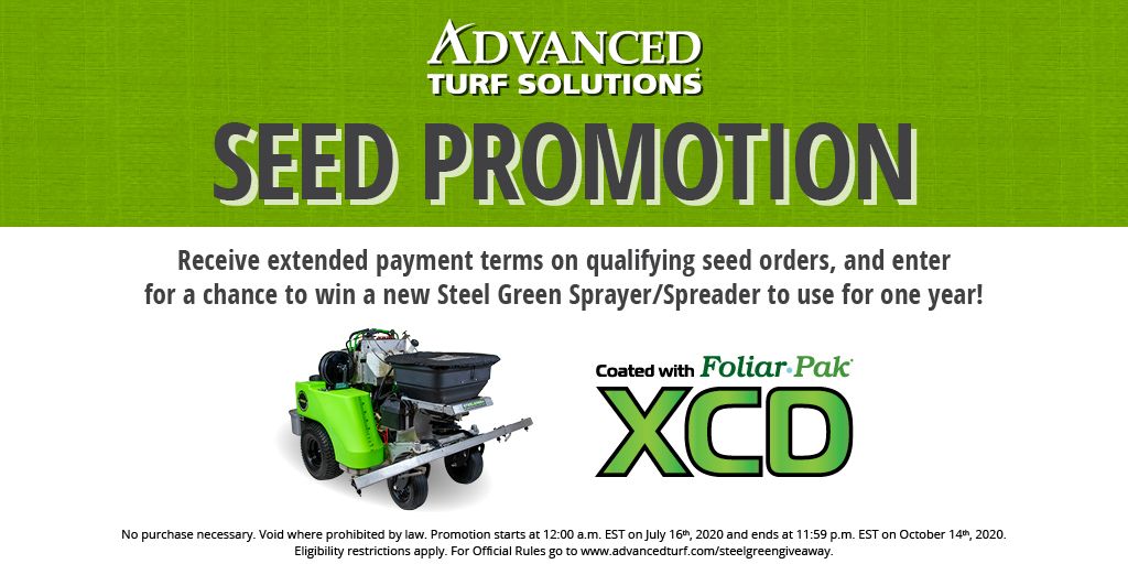 AdvancedTurf's tweet photo. Save on seed, AND enter to win a new Steel Green Sprayer/Spreader to use for 1 year! Earn one entry for every 20 bags of XCD coated seed purchased from Advanced Turf Solutions. The winner will be announced at the GIE+Expo in October. For Official Rules: https://t.co/HEbdtRagdu. https://t.co/o12n6bnYpF