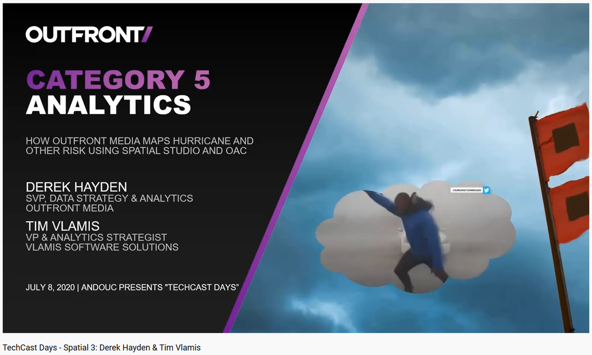 SpatialHannes's tweet photo. If you missed the talk on how at Outfront Media they're using #spatialstudio and @OracleAnalytics Cloud to analyze potential impact of hurricanes on their assets, the recording is now available here: https://t.co/Z2FVJ0vJVQ #ANDOUC #TechCastDays https://t.co/bRBafPcsbQ