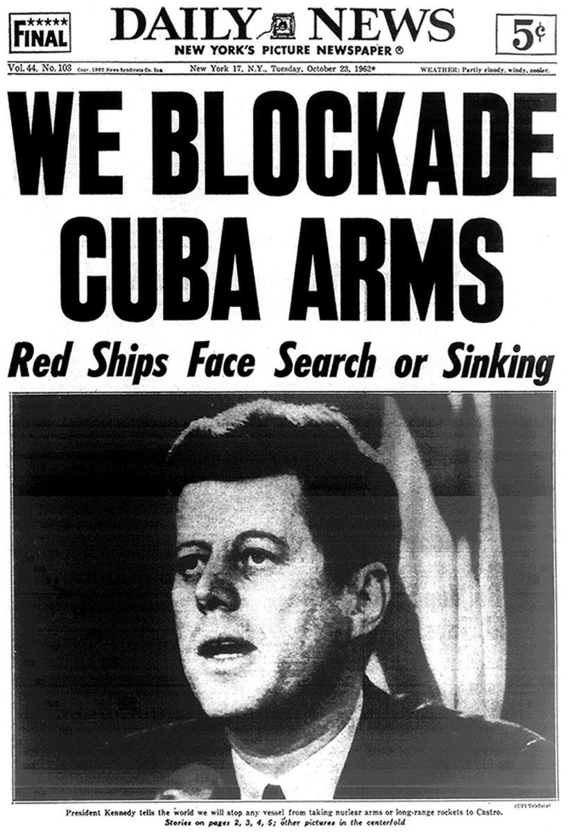30/58Kennedy ordered an immediate naval quarantine of Cuba in order to prevent more Soviet missiles from reaching its shores. The official teen used was "blockade." This was October 21. From this point on, the US and the USSR were "technically" at war.