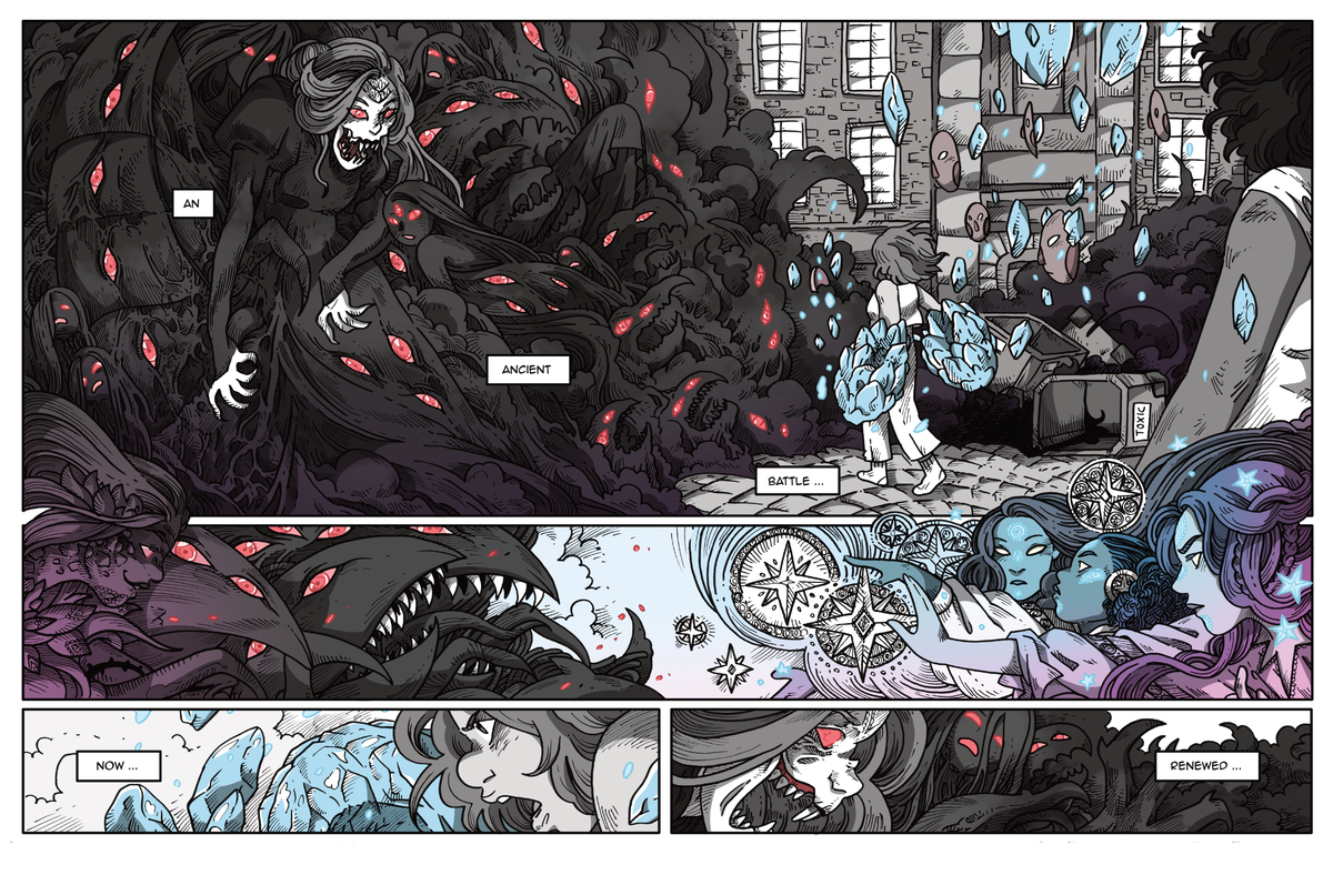 New Namesake update. 
My first double page. Behold it's glory.
GOD -  this chapter is so fun thank you all for reading.
#fairytales #namesakecomic #hiveworks
☆Comic ☆-- https://t.co/rJ0sFNn2GZ                                      
☆Patreon☆ -- https://t.co/lWLa2Pc34Q 