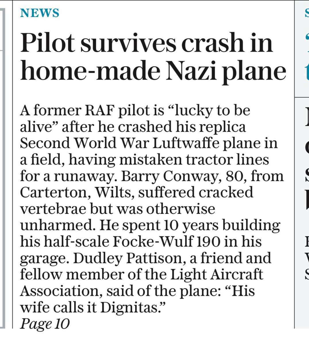 TELEGRAPH FRONT: Pilot survives crash in home-made Nazi plane #TomorrowsPapersToday
