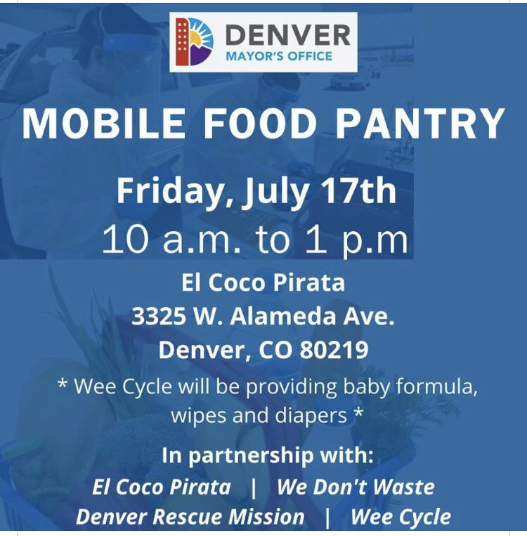 WeeCycle will be distributing diapers, wipes, baby food and formula tomorrow between 10am-1pm at the Mobile Food Pantry at 3325 W Alameda Ave, Denver in partnership with <a href="/WeDontWaste/">We Don't Waste</a> , <a href="/denverrescue/">DenverRescueMission</a> and <a href="/MayorHancock/">Michael B. Hancock</a>’s Office.