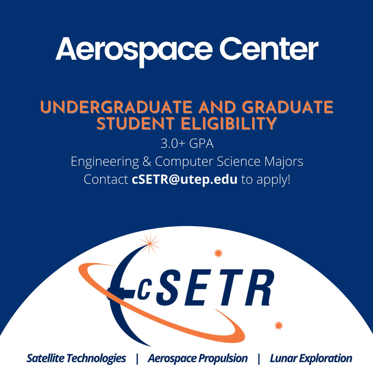 UTEPAerospace's tweet photo. We are hiring! We have positions available in satellite technologies, aerospace propulsion, and lunar exploration. Open to current UTEP engineering, science, and computer science majors, both undergraduate and graduate standing. #cSETR #utep #hiring #engineering #space #applynow https://t.co/SSDqZTddWf