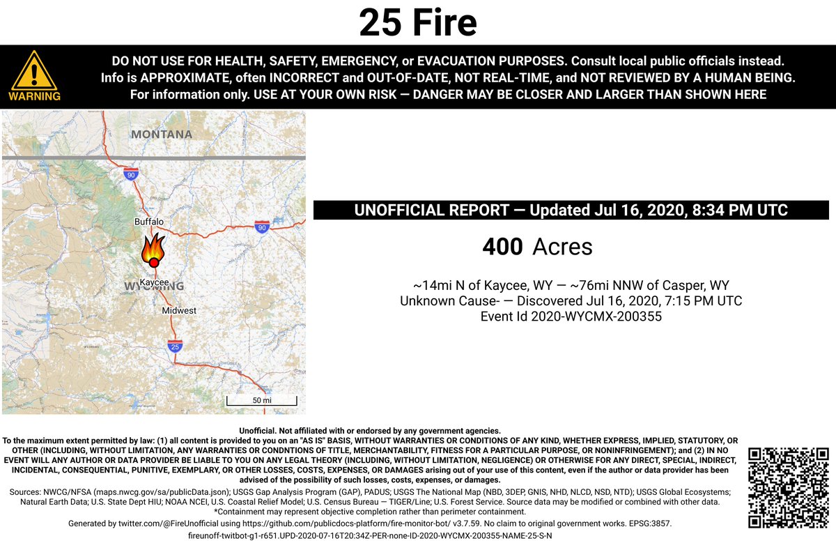 RockyMtnFireBot's tweet photo. #25Fire 🔥 unofficial, automated update.
~14mi N of Kaycee, WY. ⚠️ DO NOT USE FOR SAFETY PURPOSES - See officials instead. May be incorrect; disclaimers in images. https://t.co/NhtYLsM1Kr