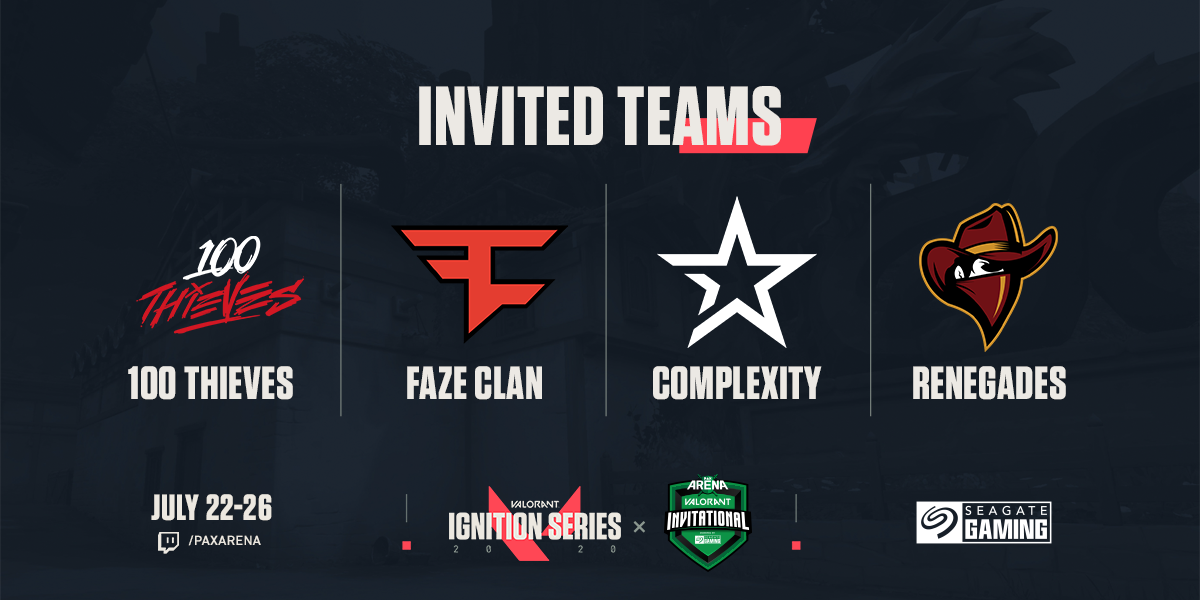 More pros join The PAX Arena VALORANT Invitational– powered by <a href="/seagategaming/">Seagate Gaming</a> July 22-26. Welcome <a href="/100Thieves/">100 Thieves</a> <a href="/FaZeClan/">FaZe Clan</a> <a href="/Complexity/">Complexity</a> &amp; <a href="/Renegades/">Renegades</a> to the competition! Find out more info and where to watch at paxarena.com
