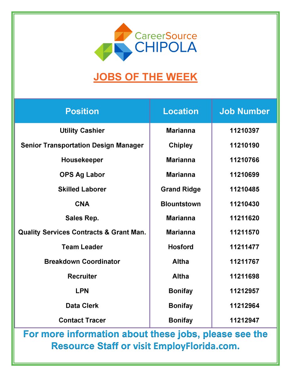 CSChipola's tweet photo. #weeklyjobs✨
Check them out on https://t.co/aaeTL7y8nm!
Apply online or at one of our centers.

#CSCWorks #employflorida #jobs https://t.co/lBGtTCRfdr