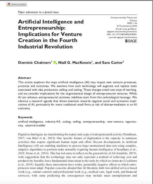 Very happy to see our new research ( @niallgmackenzie &  @drsaracarter) on Artificial Intelligence and new venture processes published in  @etpjournal. It was good to look into some of the grand challenges that are coming down the line.  #AI  @ASBSresearch  @ScotAIStrategy 1/11