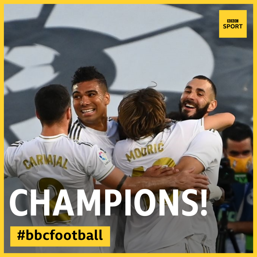 BBCSport's tweet photo. Real Madrid are La Liga champions for the first time since 2016-17!

They've beaten Villarreal 2-1 to seal the title.

And to top it all off for Real, Barcelona lost 2-1 at home to Osasuna, right at the death https://t.co/reKjzcZoIJ #bbceurofooty https://t.co/uNto0FNhTM