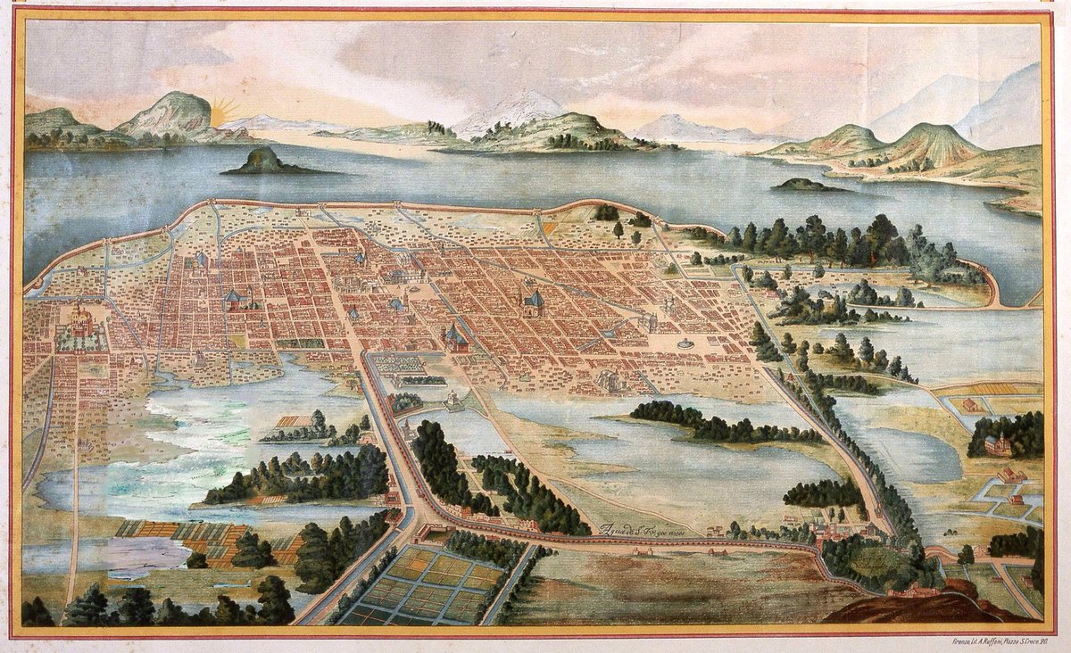 El plano perspectivo de Wellge ofrece una vista desde el sur con la sierra de Guadalupe al fondo. Algo fresco si consideramos las vistas de pájaro de Trasmonte-Vingboons (XVII) o la de Castro (XIX), ambas desde el poniente o norponiente, con vista al fondo de la sierra volcánica.