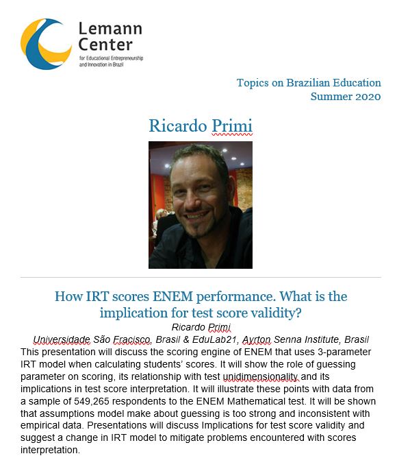 Now online: “How IRT scores ENEM performance. What is the implication for test score validity?” with Ricardo Primi.
Link below!
lemanncenter.stanford.edu/events/how-irt…