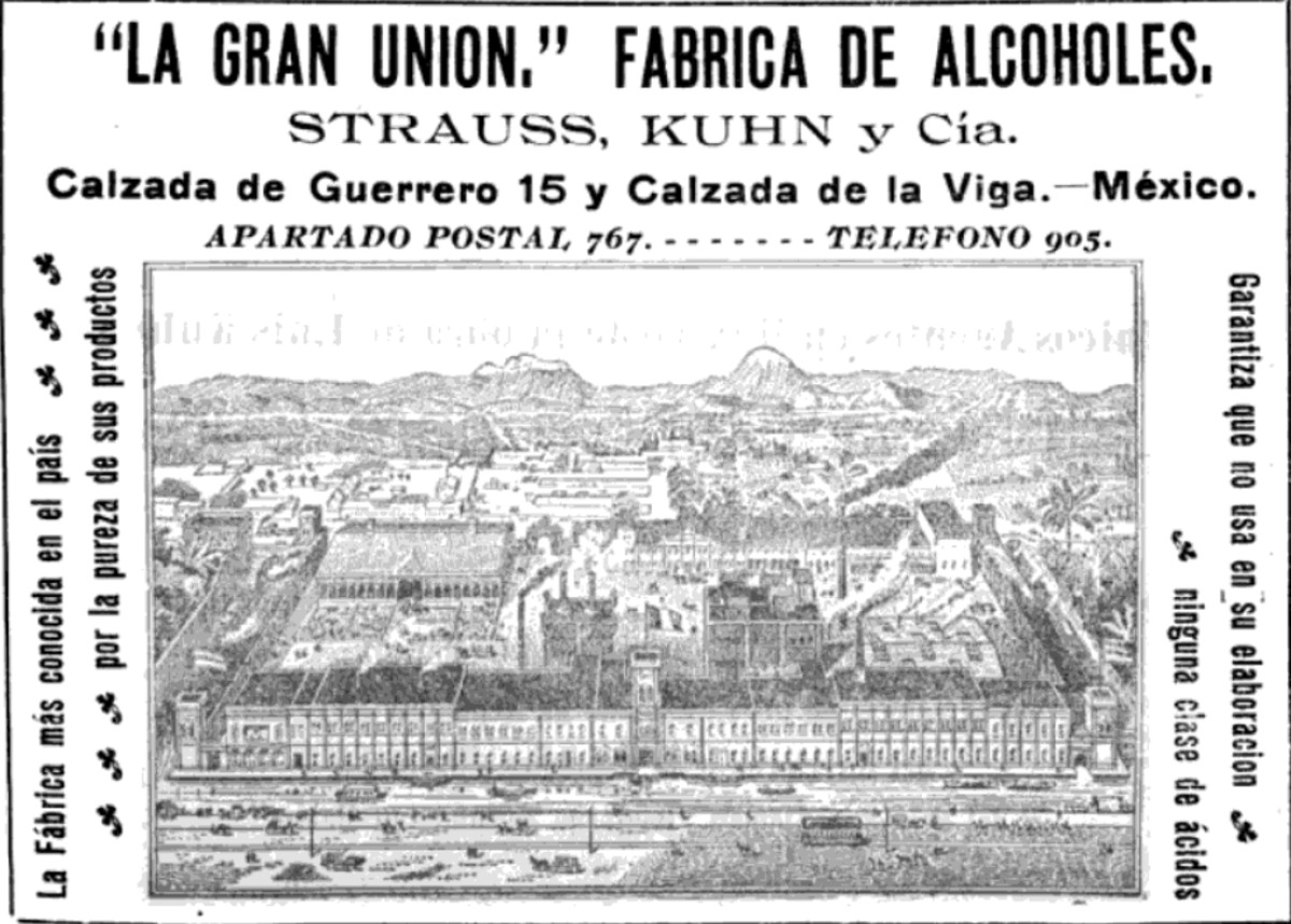 Al lado estaba La Gran Unión, fábrica de alcoholes y le anexaron atrás una de maltas (rojo). Tenía un enorme frente sobre el canal y era característico su torreón central, que se alcanza a ver en el plano. Nada queda de ella. (Se ve que el entorno industrial desmejoró el canal).