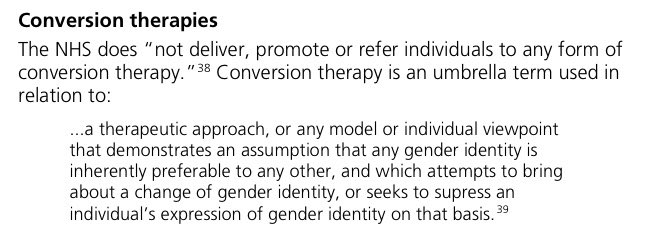 Page 18 states that the nhs doesn’t promote conversion therapies but seems to include within their definition of conversation therapy any efforts that would actually seek to help people come to terms with their sex.